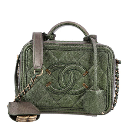 Chanel Iridescent Caviar Quilted Small CC Filigree Vanity Case Green 1 of 10
