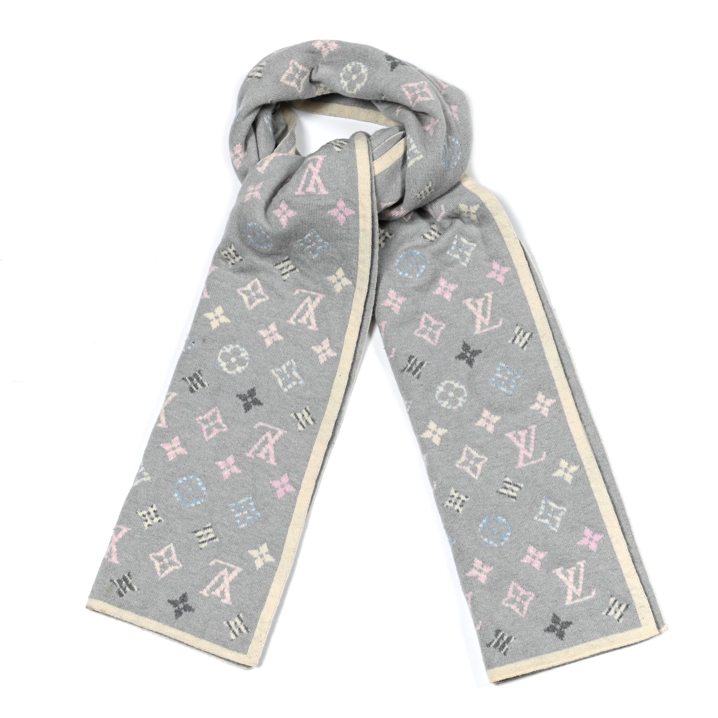 Wool Cashmere Monogram Scarf Light Grey Multicolor