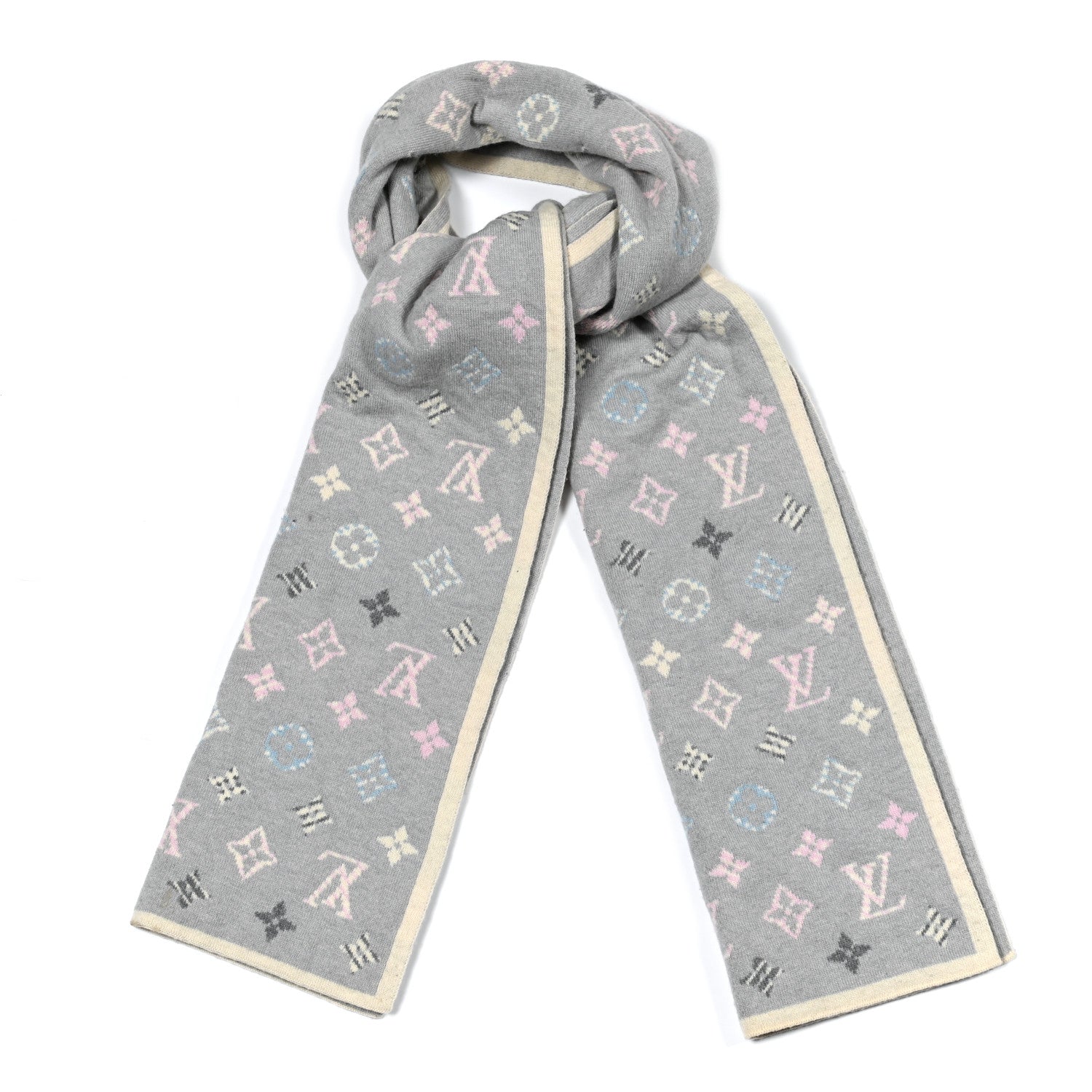 Louis Vuitton Wool Cashmere Monogram Scarf Light Grey Multicolor 1 of 4