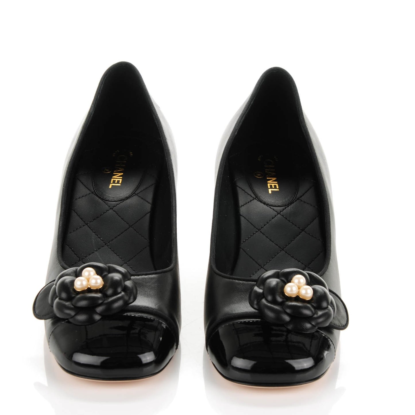 Lambskin Patent Calfskin Pearl Camellia Cap Toe Pumps 39 Black