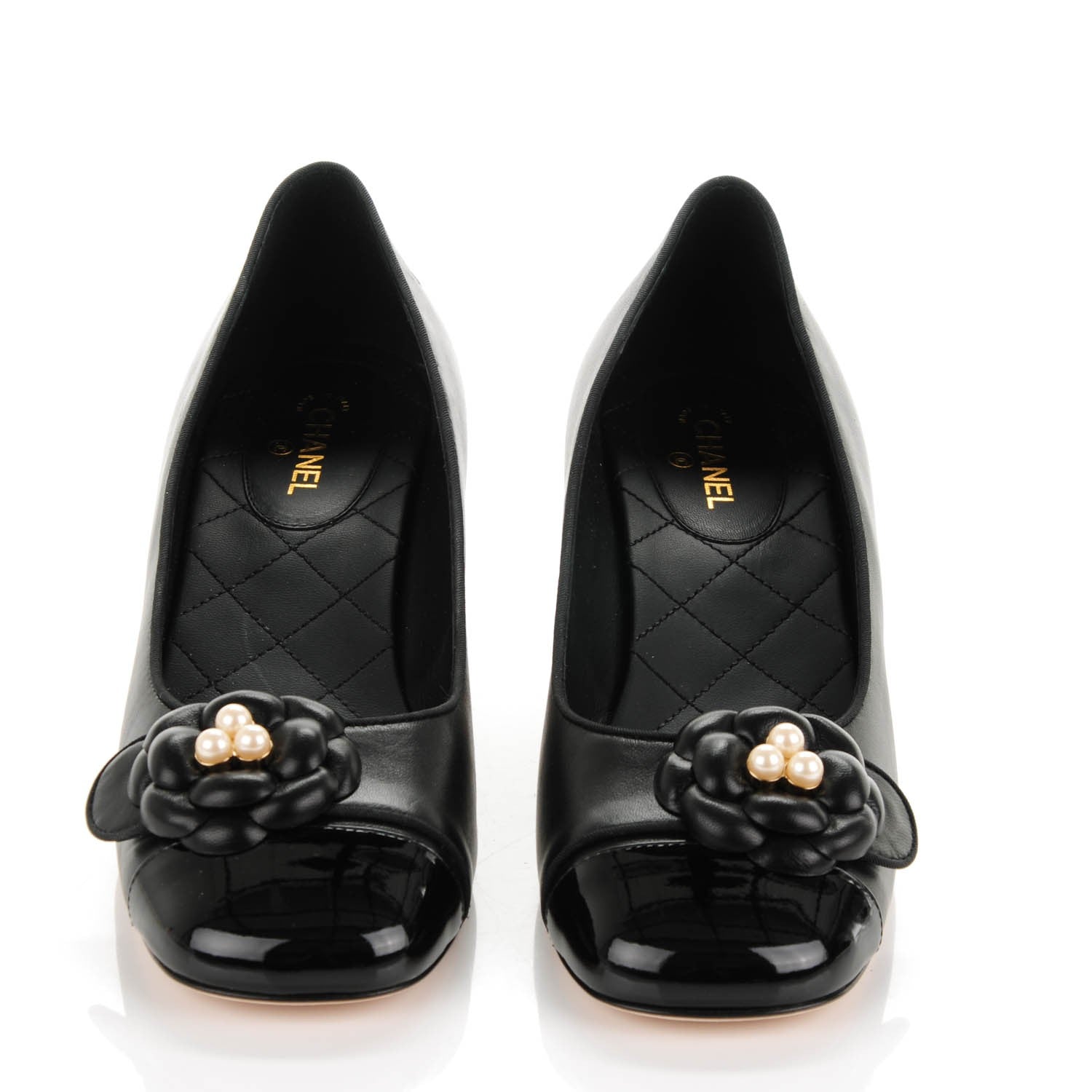 Chanel Lambskin Patent Calfskin Pearl Camellia Cap Toe Pumps 39 Black 2 of 8