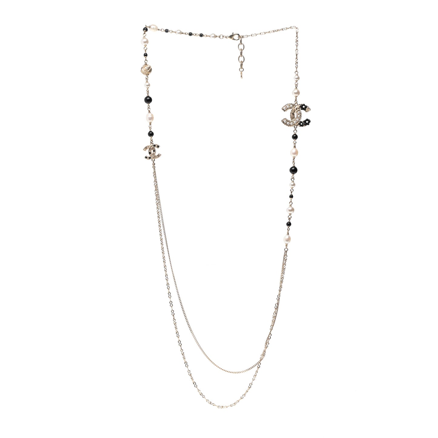 Pearl Glass Beaded CC Flower Long Necklace Gold White Black