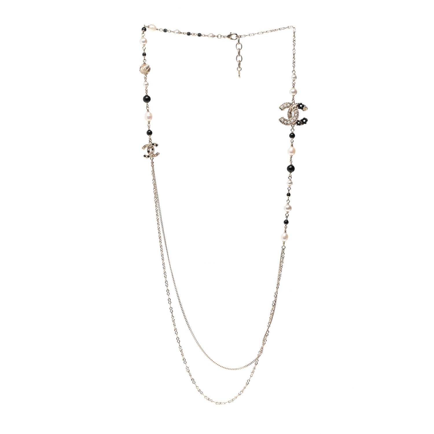 Chanel Pearl Glass Beaded CC Flower Long Necklace Gold White Black 3 of 6