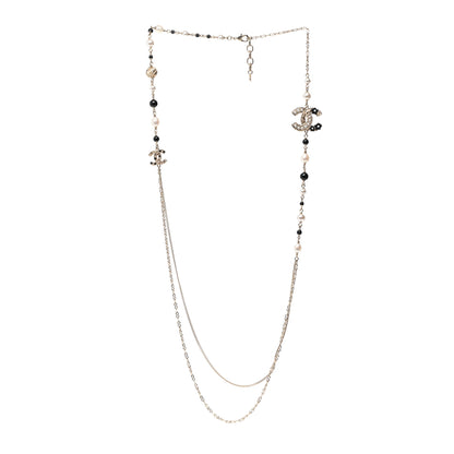 Chanel Pearl Glass Beaded CC Flower Long Necklace Gold White Black 3 of 6