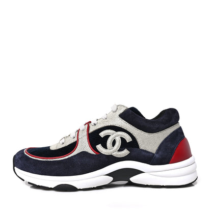 Chanel Calfskin Velvet CC Sneakers 40.5 Navy Silver Red 1 of 7