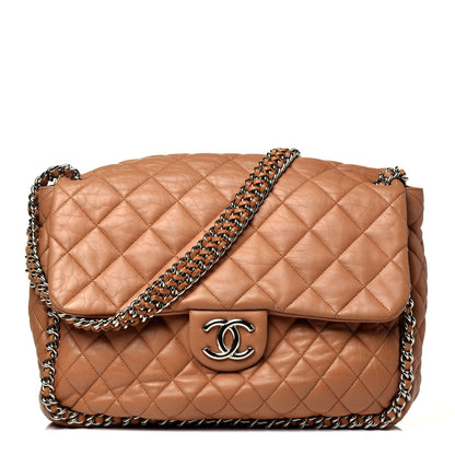 Chanel Washed Lambskin Chain Around Maxi Flap Bag Dark Beige 1 of 9
