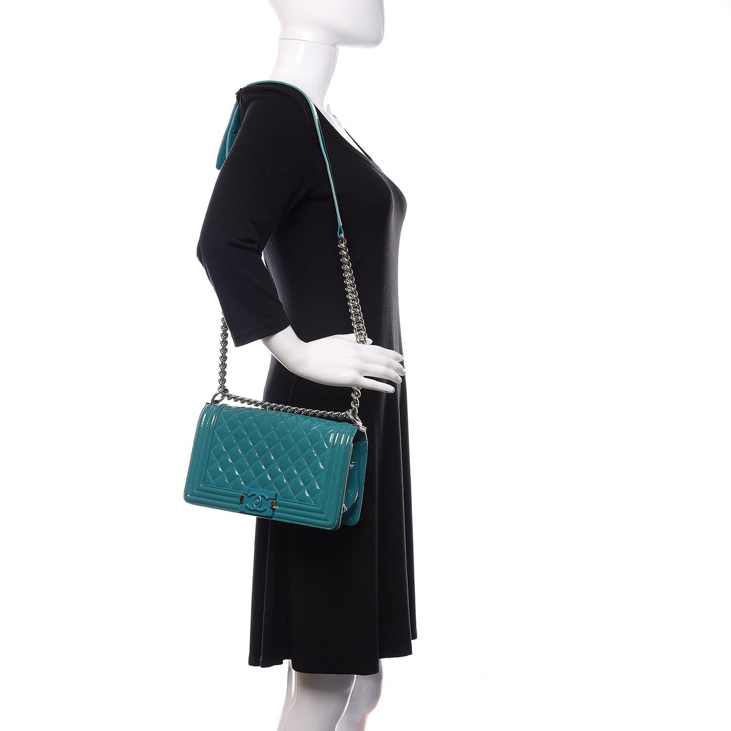 Patent Calfskin Quilted Medium Plexiglass Boy Flap Turquoise