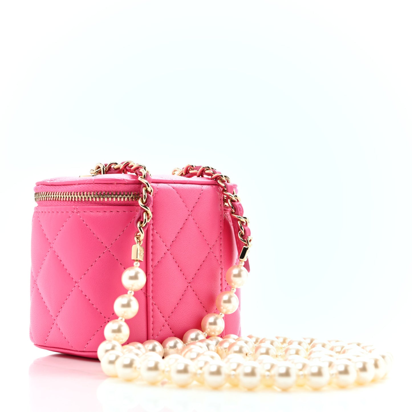 Lambskin Quilted Mini Vanity Case With Pearl Chain Pink