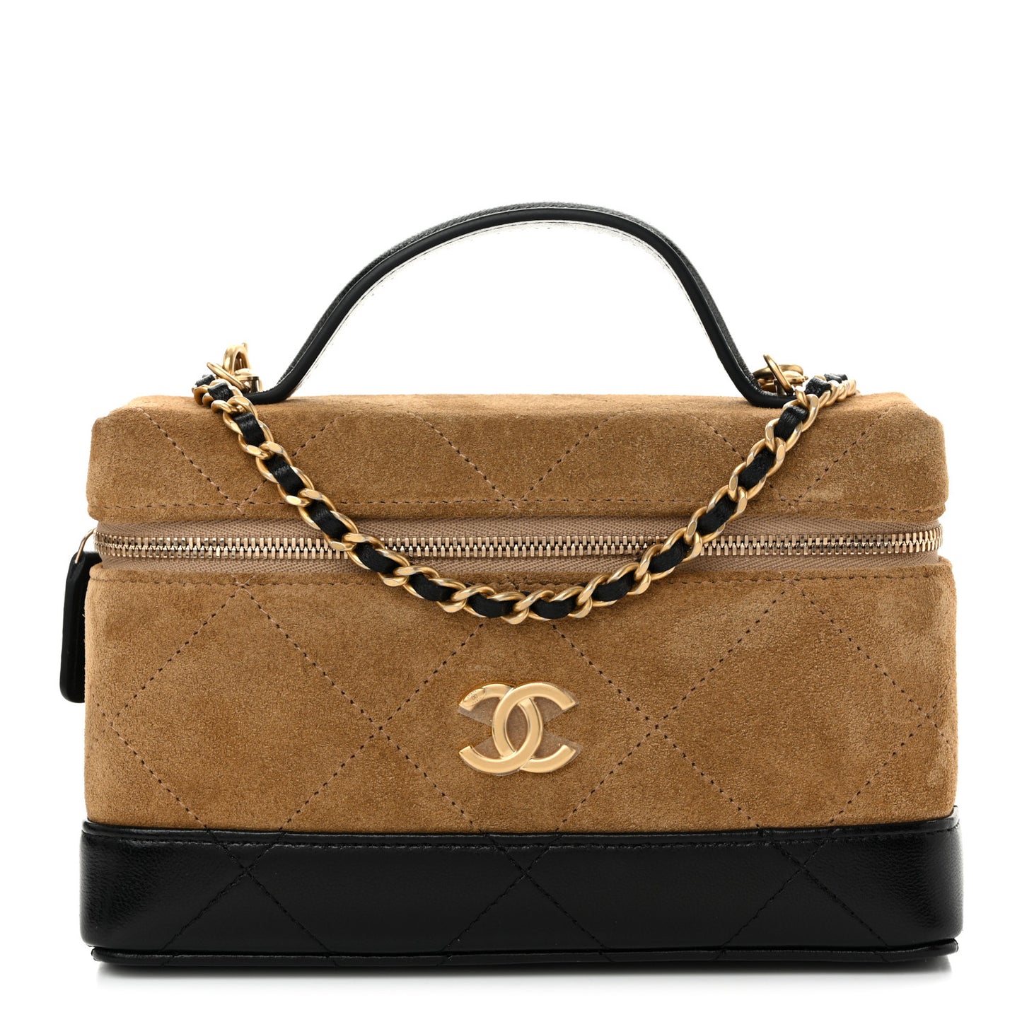 Suede Calfskin Shiny Lambskin Quilted Top Handle Slim Vanity Case With Chain Beige Black