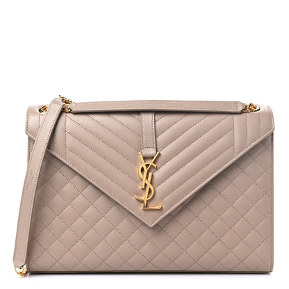 Saint Laurent Grain De Poudre Mixed Matelasse Large Triquilt Monogram Satchel Dark Beige 1 of 9