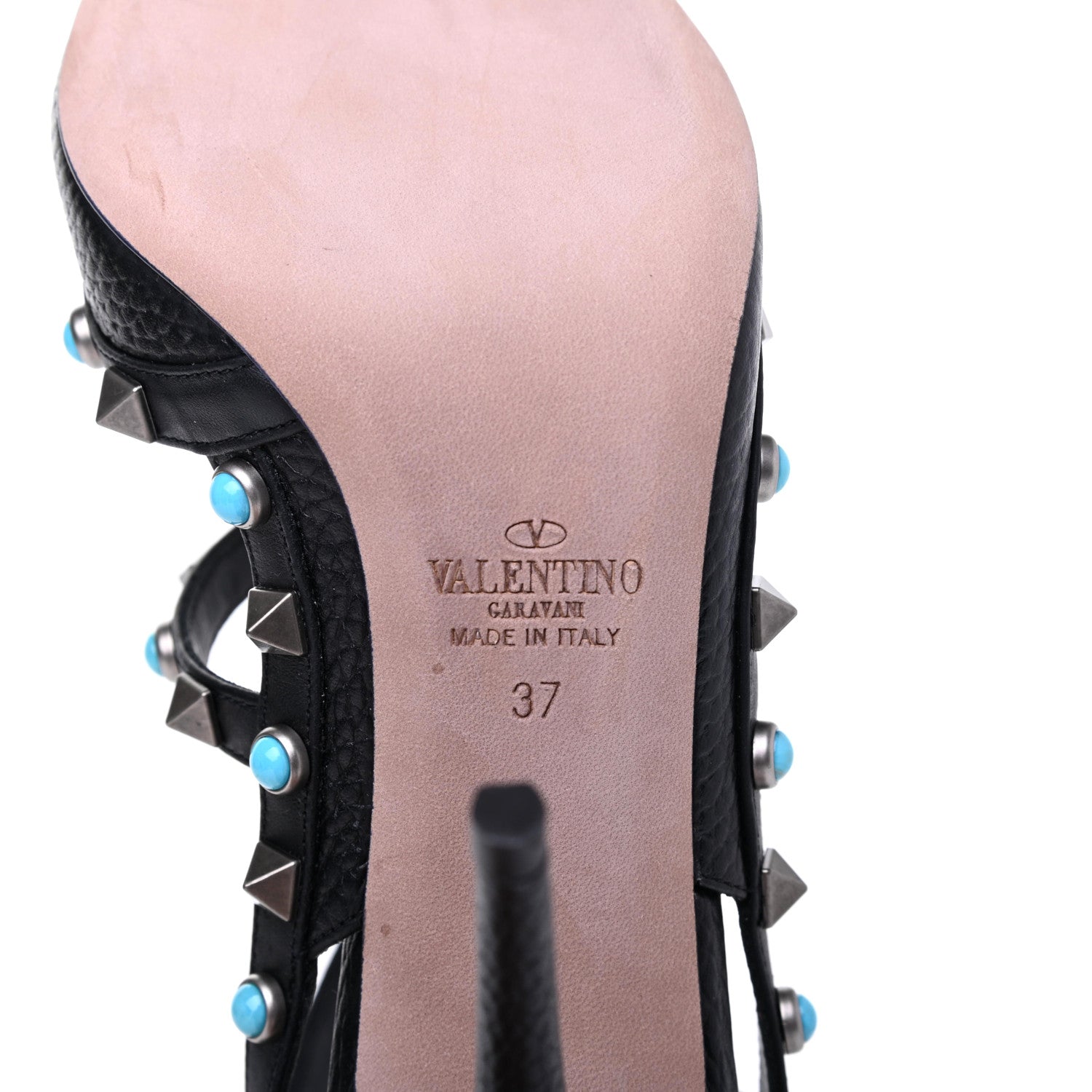 Valentino Garavani Pebbled Calfskin Turquoise Rockstud Rolling Ankle Strap 100mm Pumps 37 Black 6 of 8