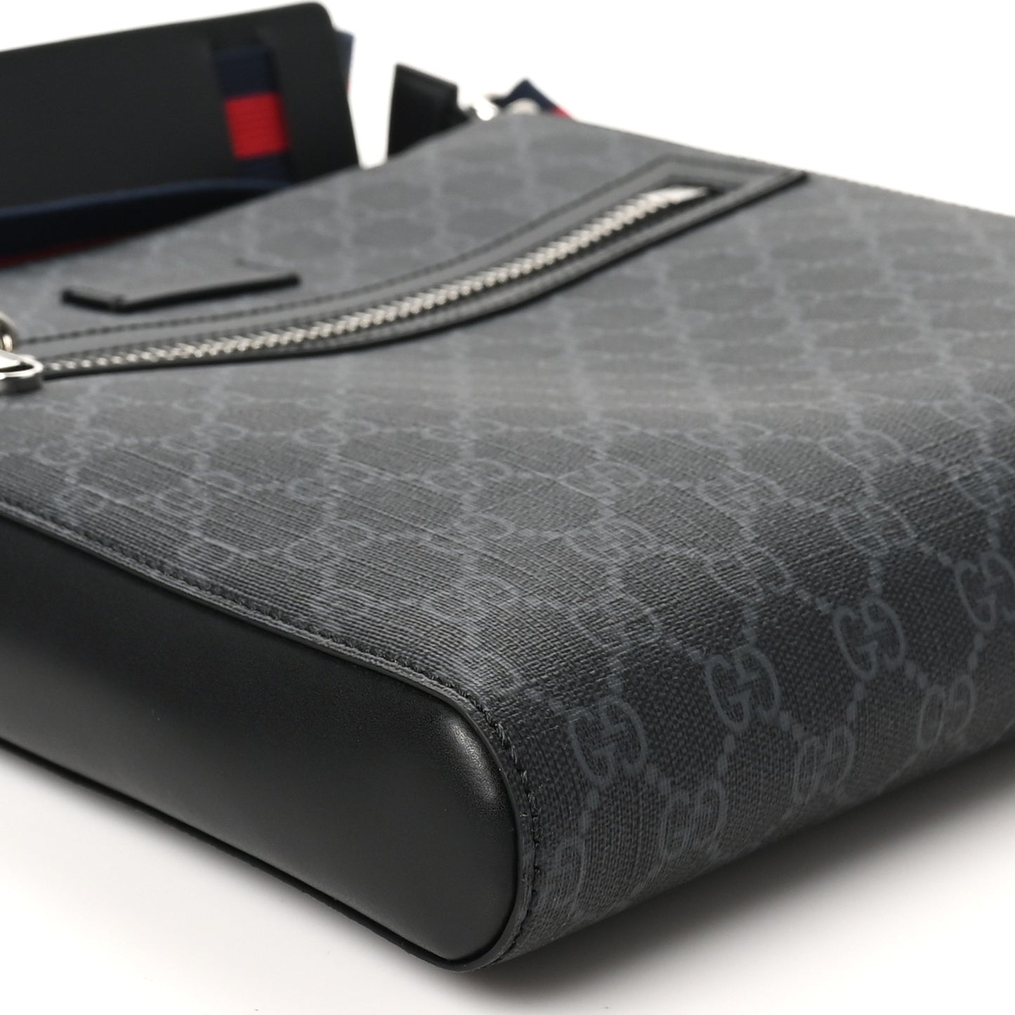 GG Supreme Monogram Appia Calfskin Web Flat Messenger Bag Black Grey