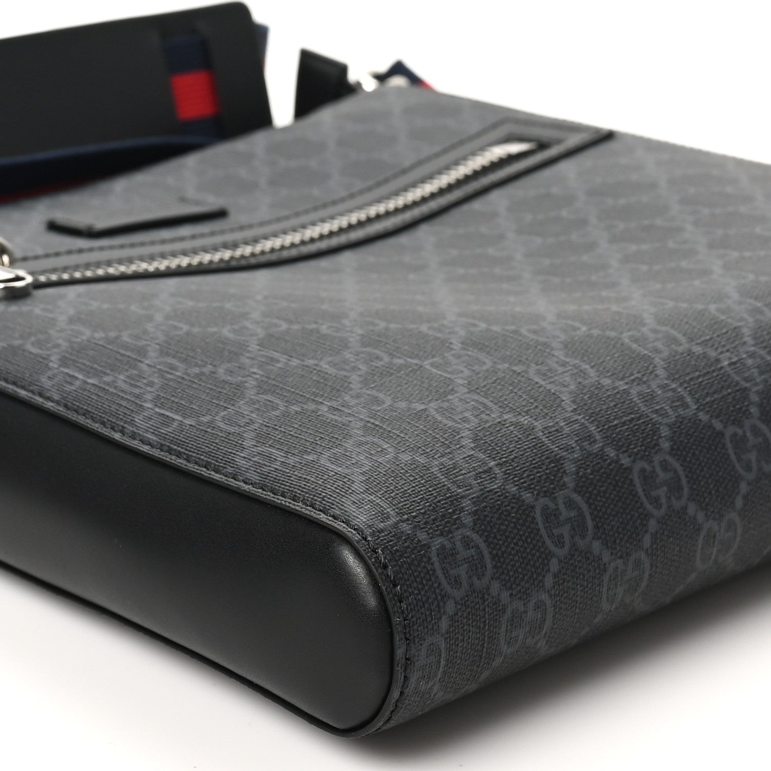 Gucci GG Supreme Monogram Appia Calfskin Web Flat Messenger Bag Black Grey 9 of 10