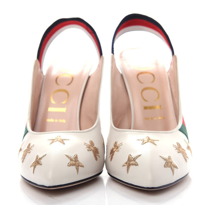 Gucci Malaga Kid Web Bee Star Embroidered Sylvie High Heel Slingback Pumps 40 White 2 of 12