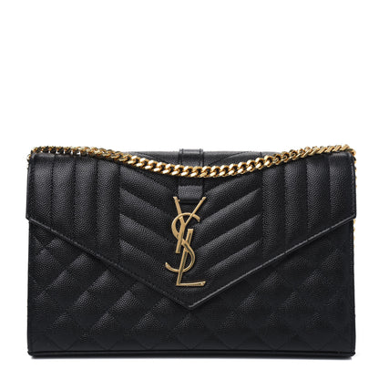 Saint Laurent Grain De Poudre Mixed Matelasse Triquilt Monogram Chain Wallet Black 1 of 4