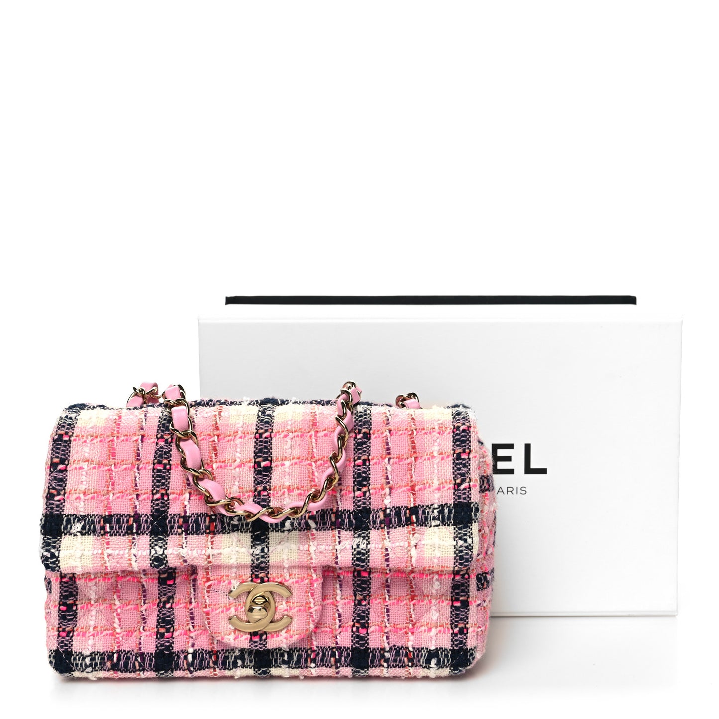 Tweed Quilted Mini Rectangular Flap Pink Navy White