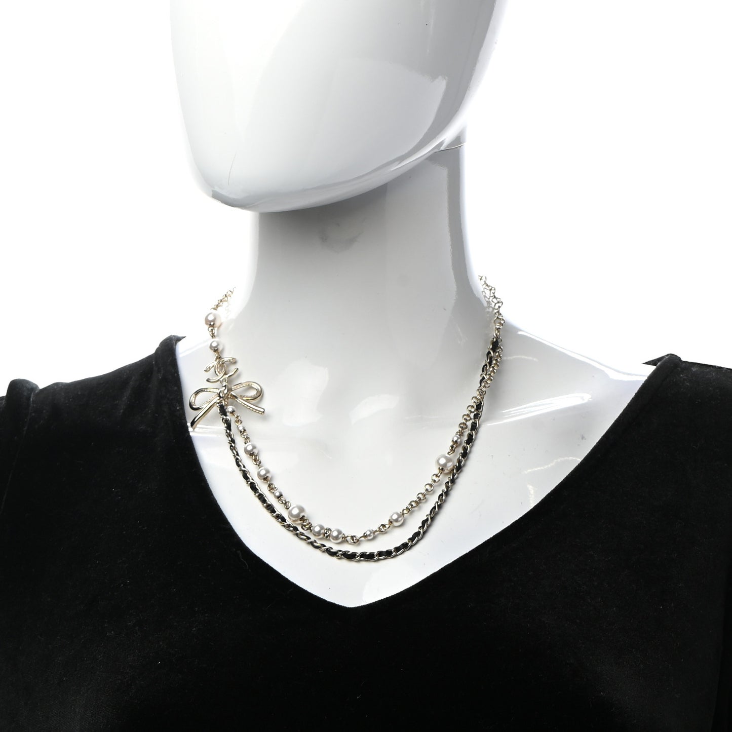 Calfskin Pearl Metal CC Bow Necklace Gold White Black