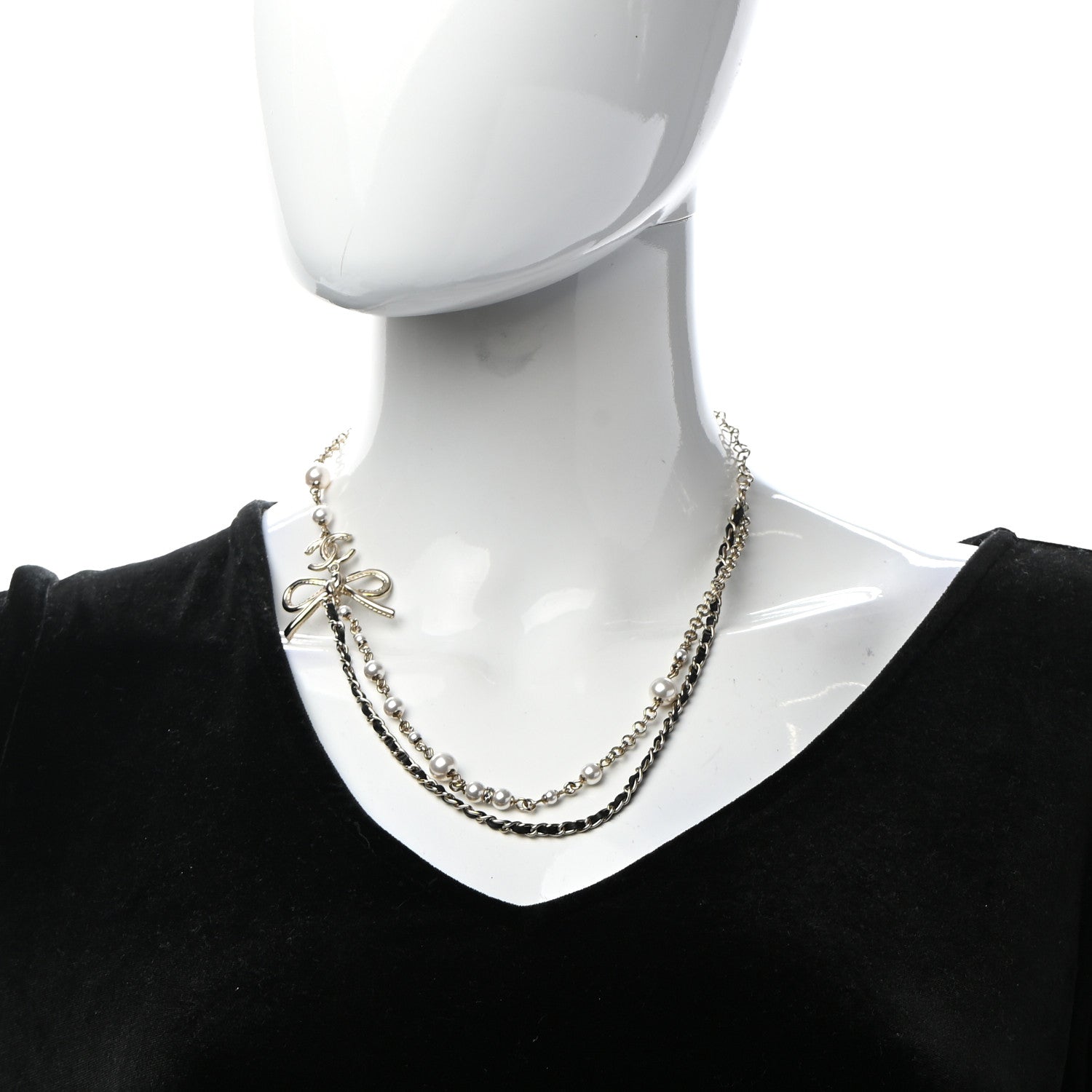 Chanel Calfskin Pearl Metal CC Bow Necklace Gold White Black 2 of 7