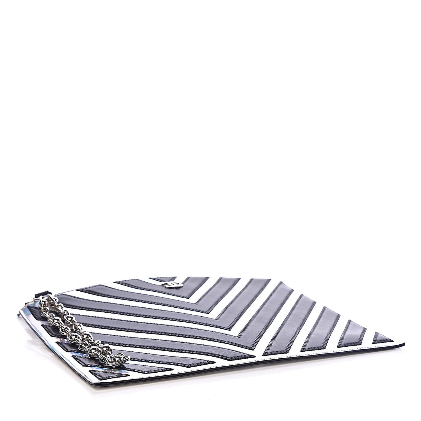 Lambskin Metallic Chevron Zip Pouch Black Silver