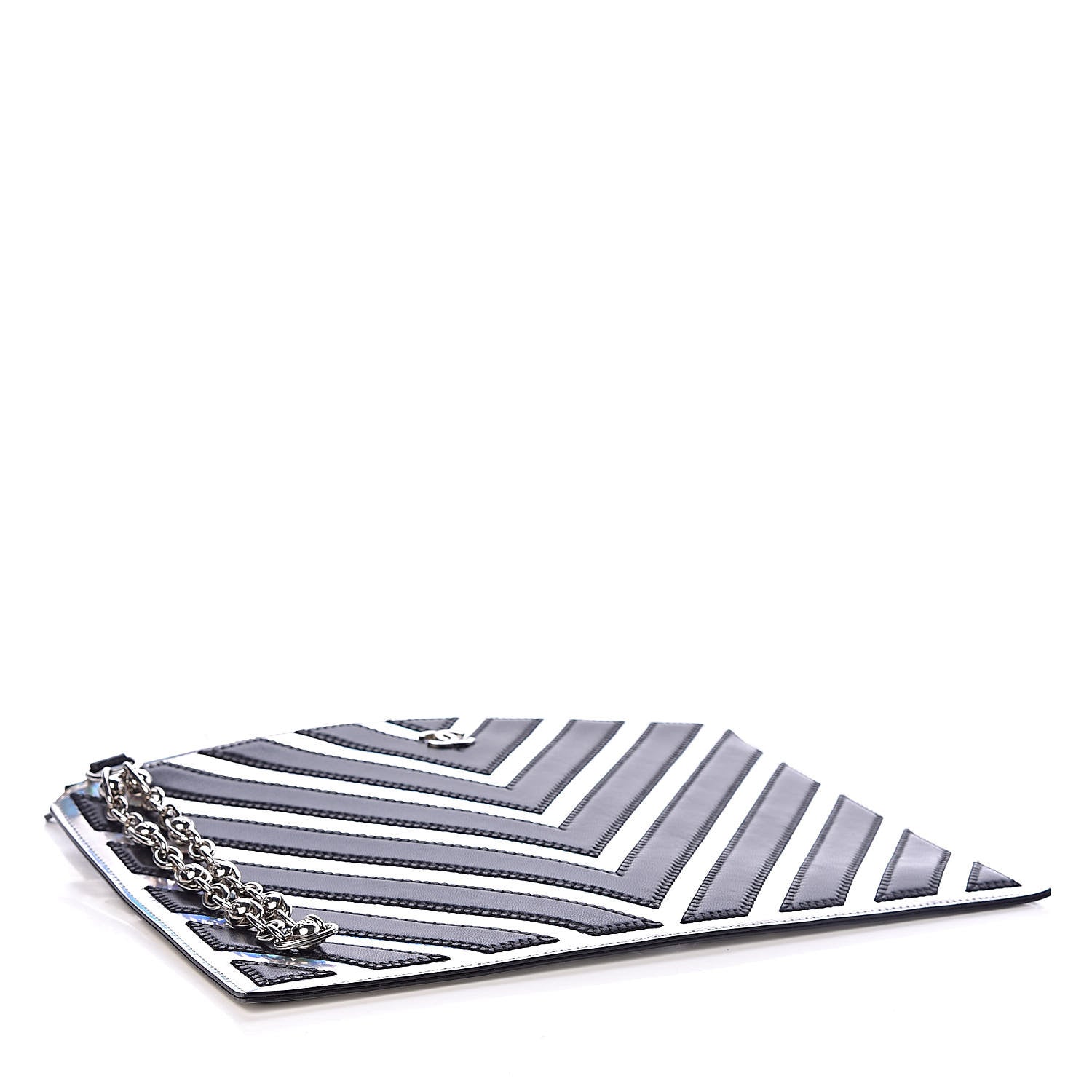 Chanel Lambskin Metallic Chevron Zip Pouch Black Silver 4 of 7