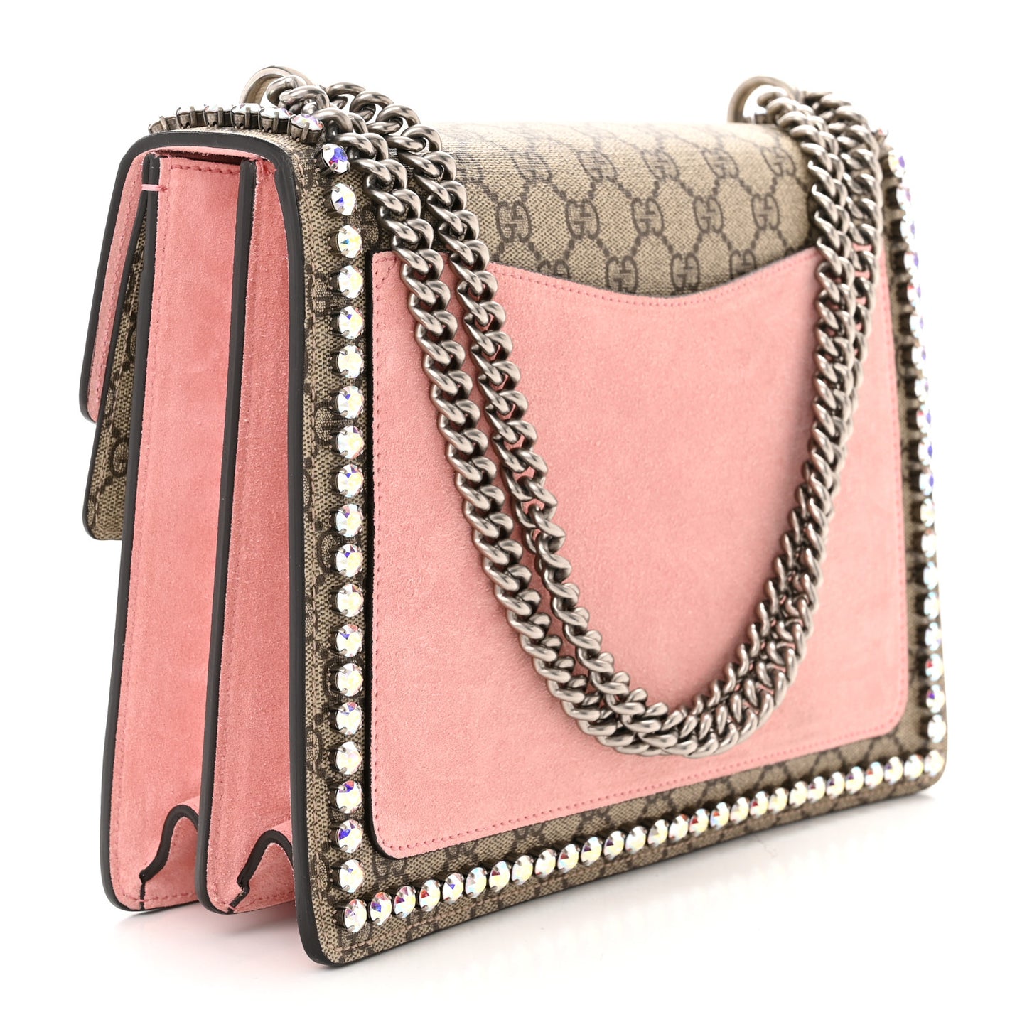 GG Supreme Monogram Suede Crystal Medium Dionysus Shoulder Bag Beige Ebony Light Peonia