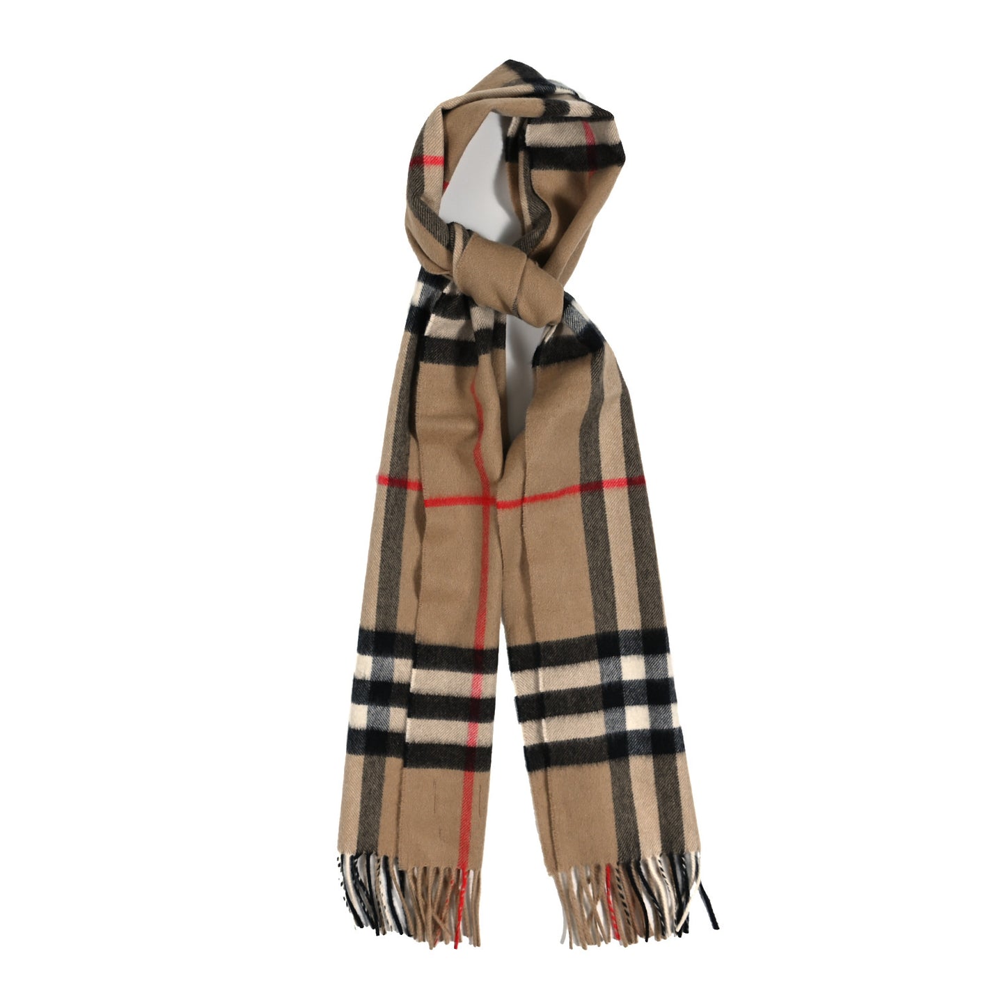 Cashmere Giant Check Fringe Scarf Camel
