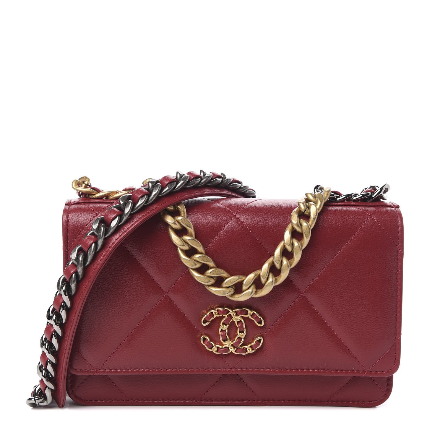 Shiny Goatskin Quilted Chanel 19 Wallet On Chain WOC Red