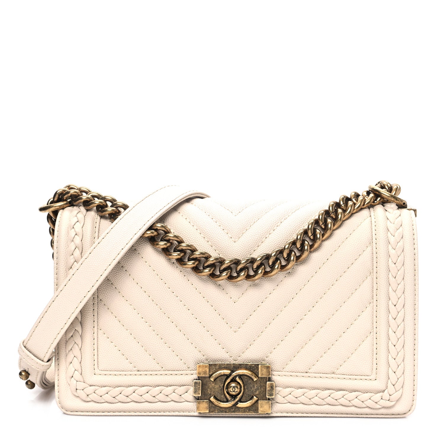 Chanel Caviar Chevron Quilted Braided Medium Boy Flap Beige 1 of 11