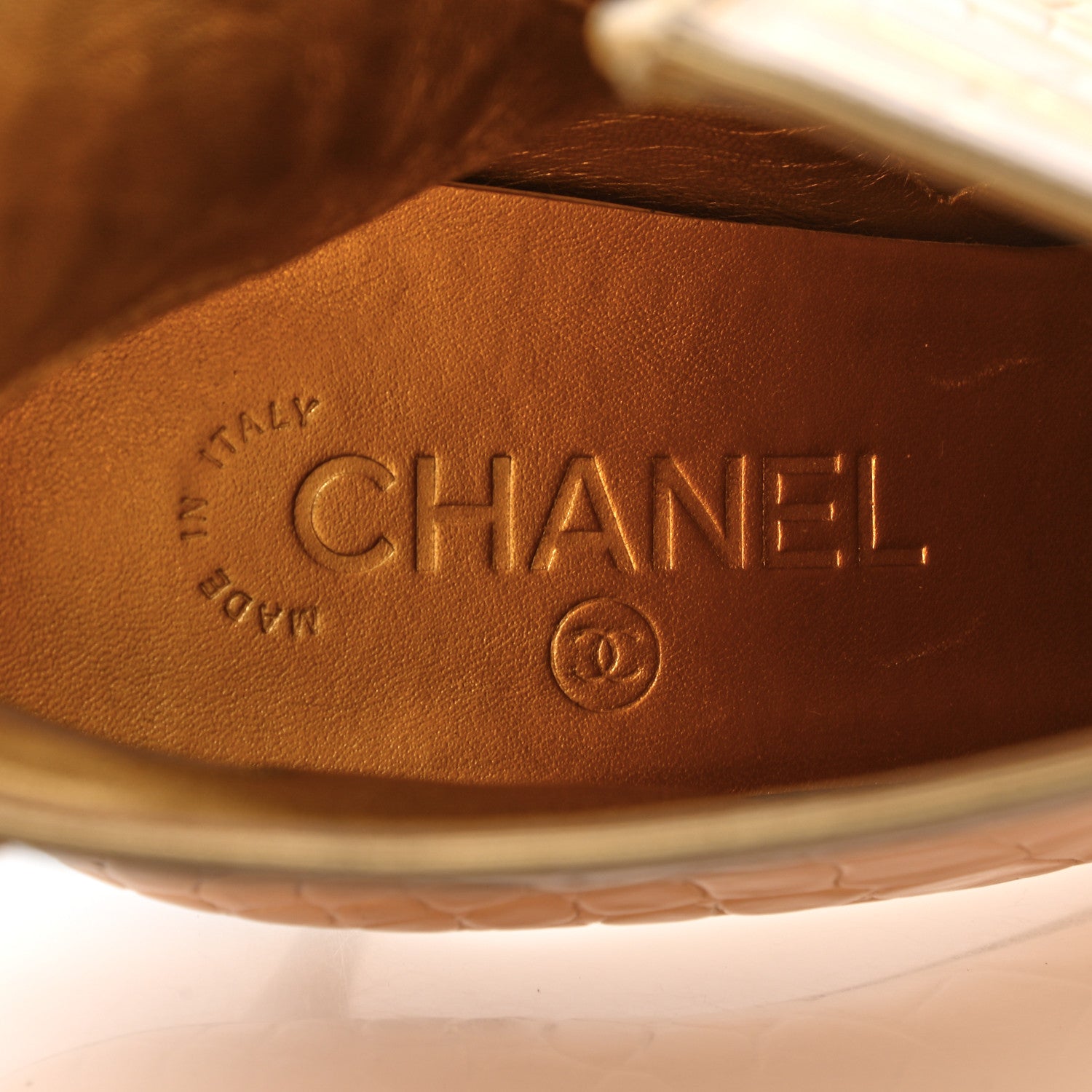 Chanel Calfskin Crocodile Embossed Cap Toe Ankle Boots 39 Gold 7 of 13