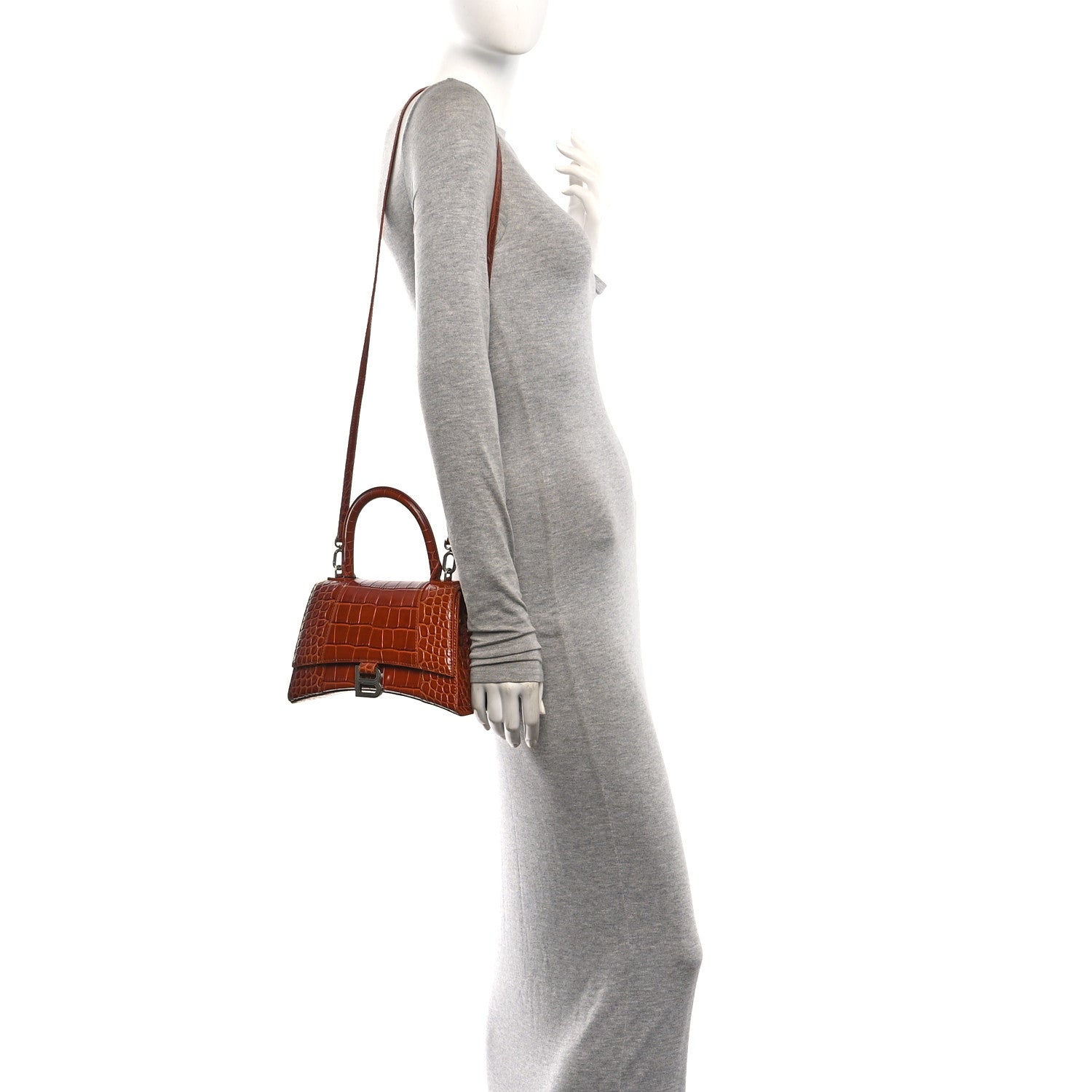 Balenciaga Shiny Calfskin Crocodile Embossed Small Hourglass Top Handle Bag Camel 2 of 10