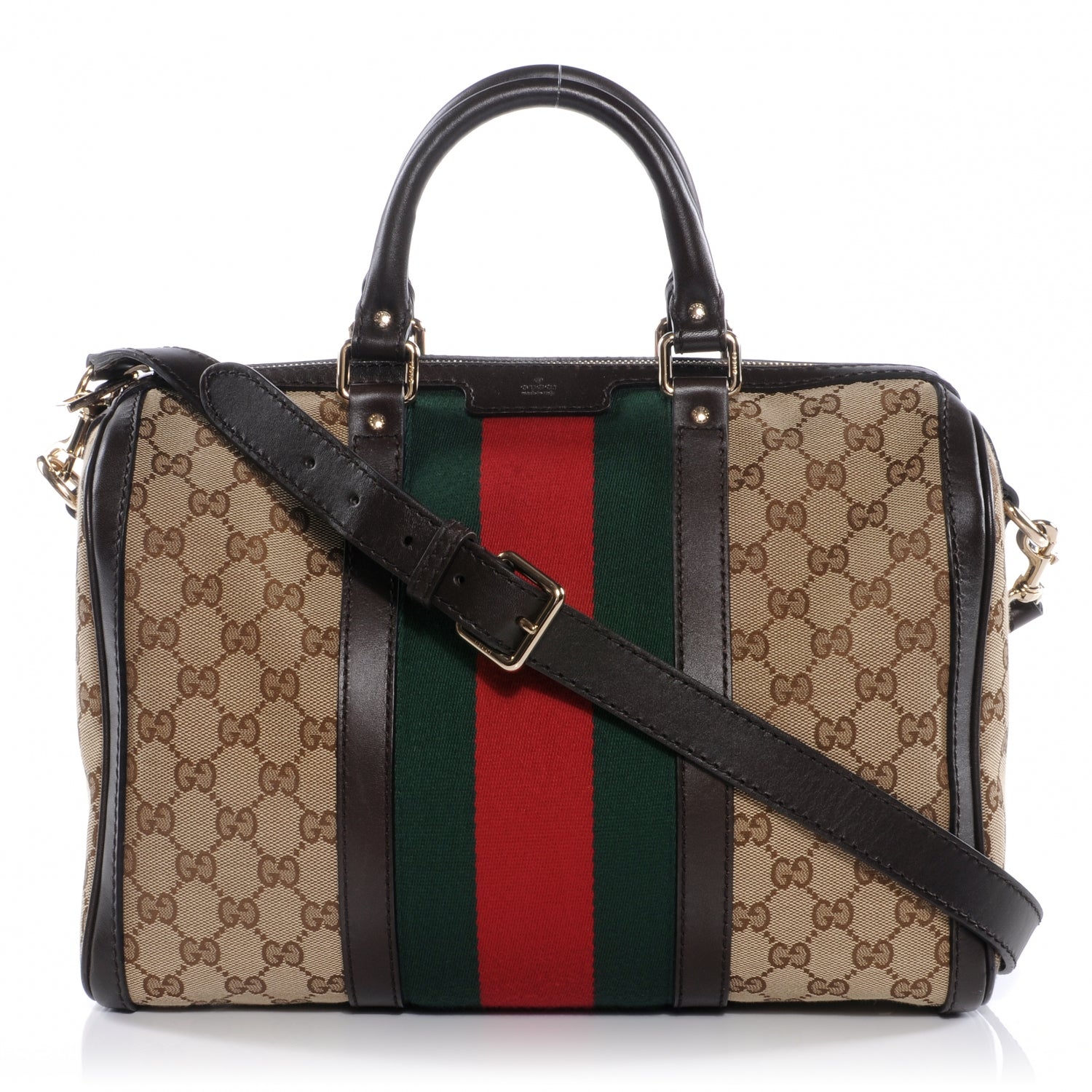 Gucci Monogram Selleria Calfskin Vintage Web Medium Boston Beige Ebony Cocoa 1 of 7