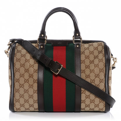 Gucci Monogram Selleria Calfskin Vintage Web Medium Boston Beige Ebony Cocoa 1 of 7