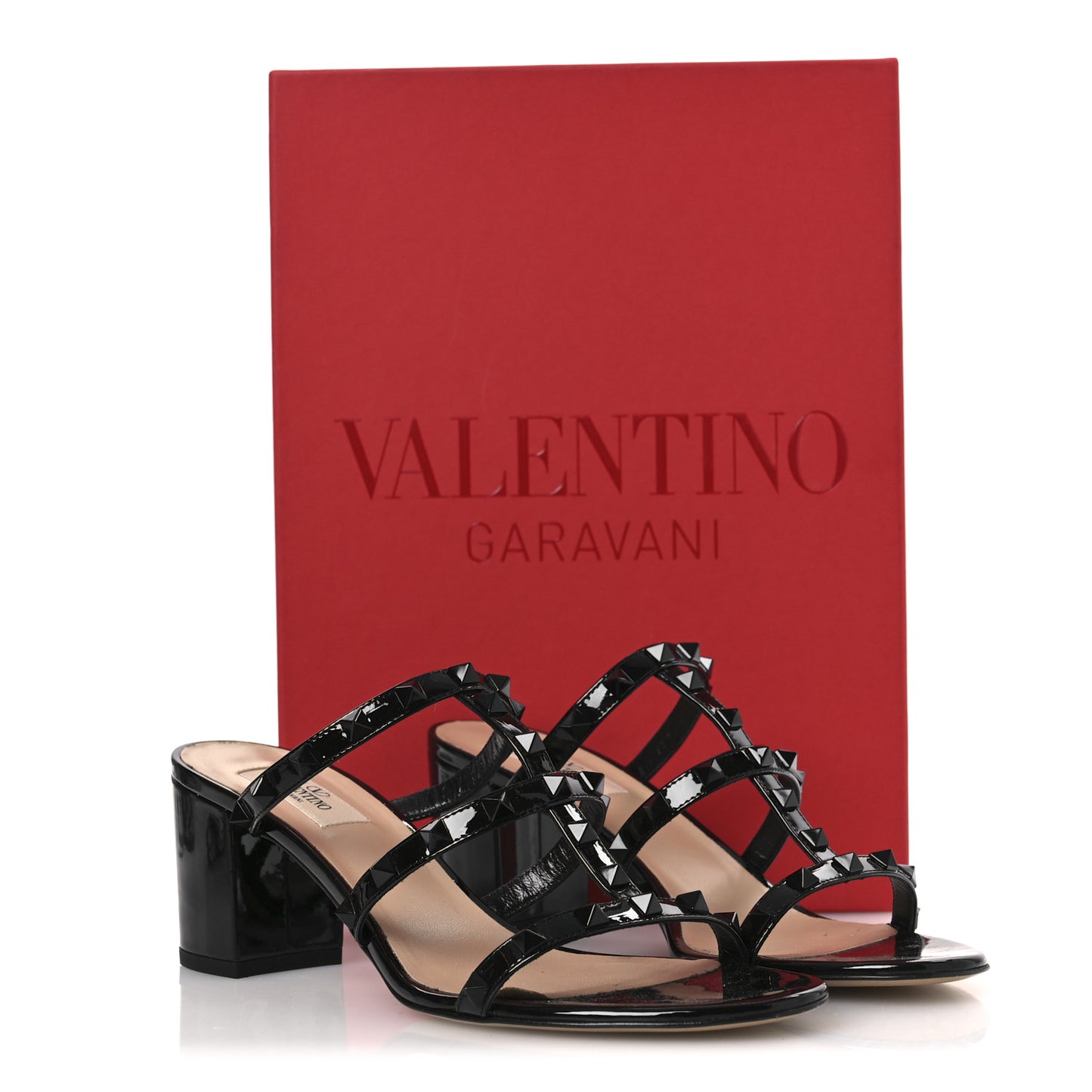 Patent Lacquered Monochrome Rockstud 60mm Caged Slide Sandals 40 Black