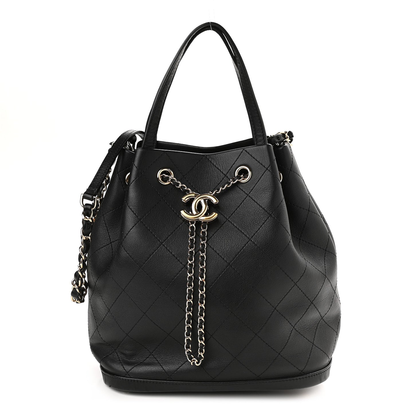 Calfskin Stitched Chain Top Handle Bucket Bag Black