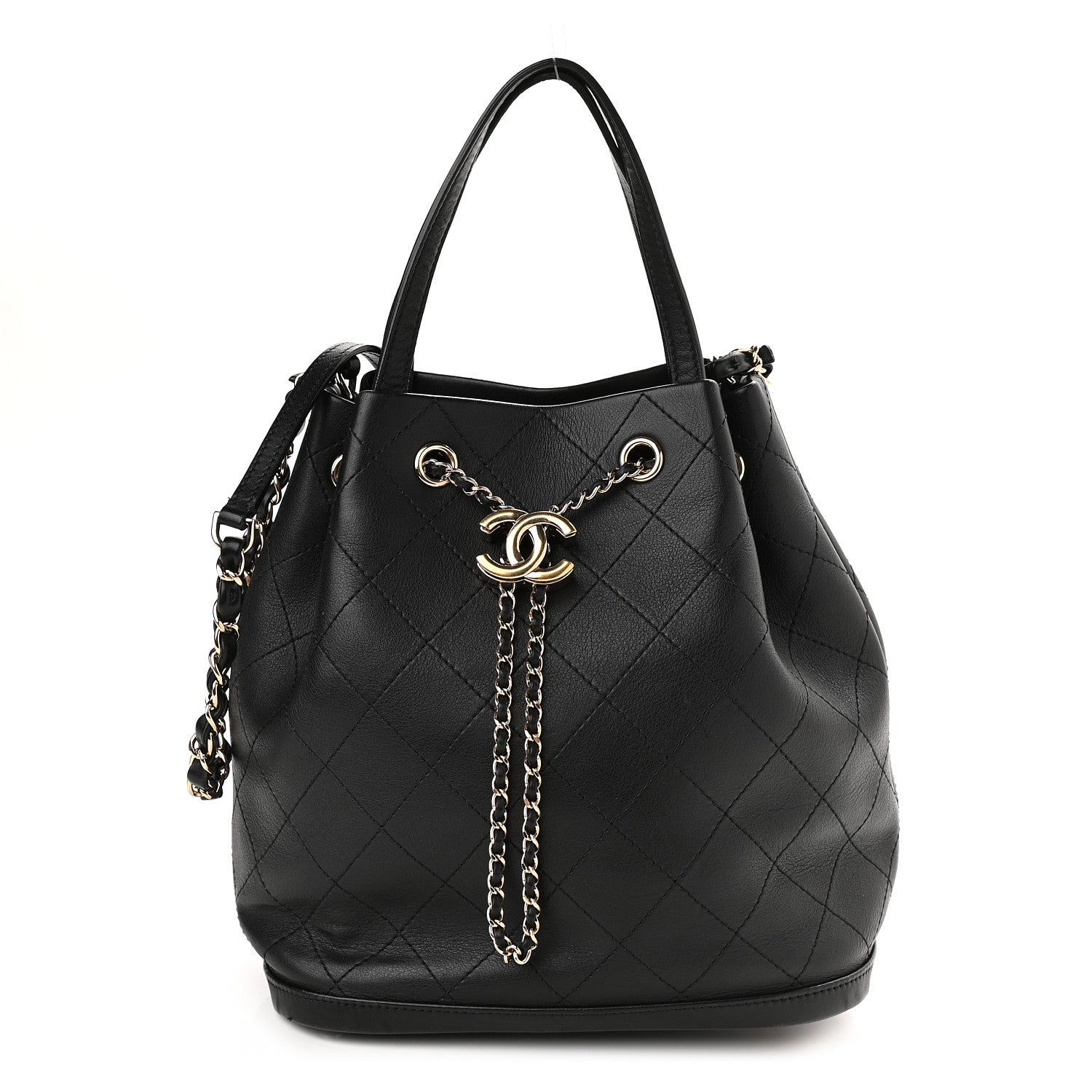 Chanel Calfskin Stitched Chain Top Handle Bucket Bag Black 1 of 9