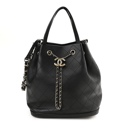 Chanel Calfskin Stitched Chain Top Handle Bucket Bag Black 1 of 9