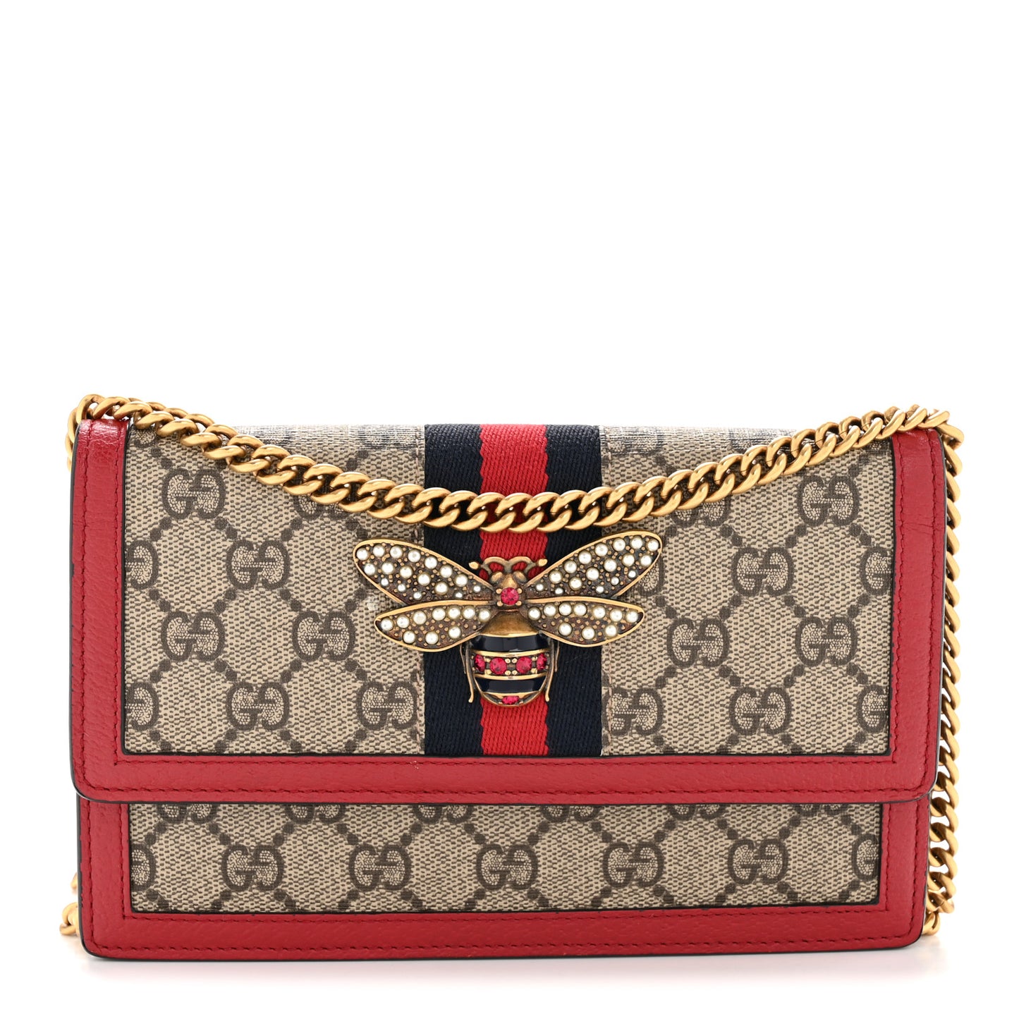 GG Supreme Monogram Web Queen Margaret Chain Wallet Red