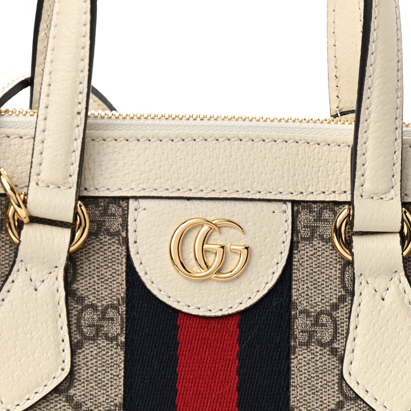 GG Supreme Monogram Textured Dollar Calfskin Web Small Ophidia Tote Bag Beige Ebony Mystic White
