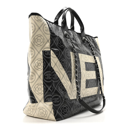 Chanel Coated Canvas Camellia Medium Shopping Tote Black Beige 3 of 9