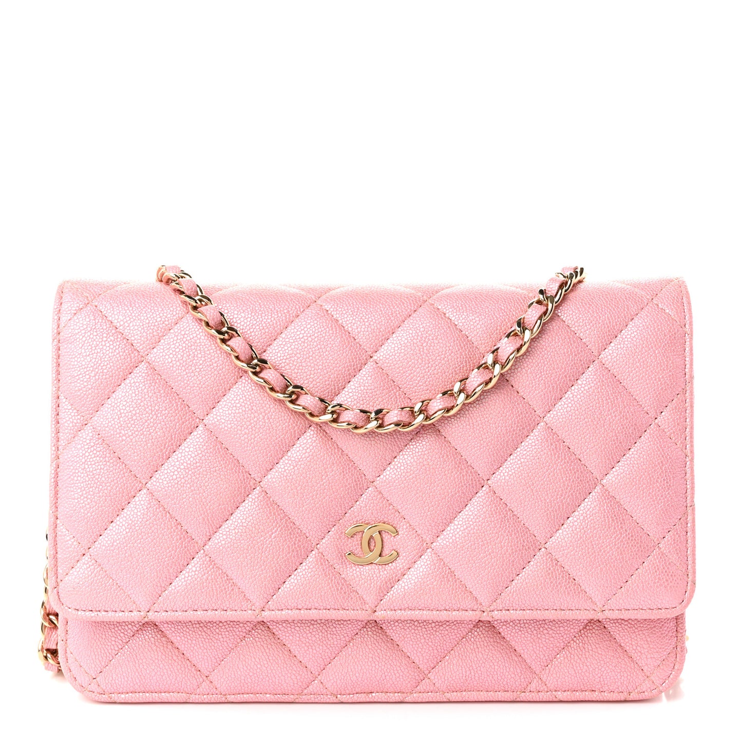 Iridescent Caviar Quilted Wallet on Chain WOC Rose Pink