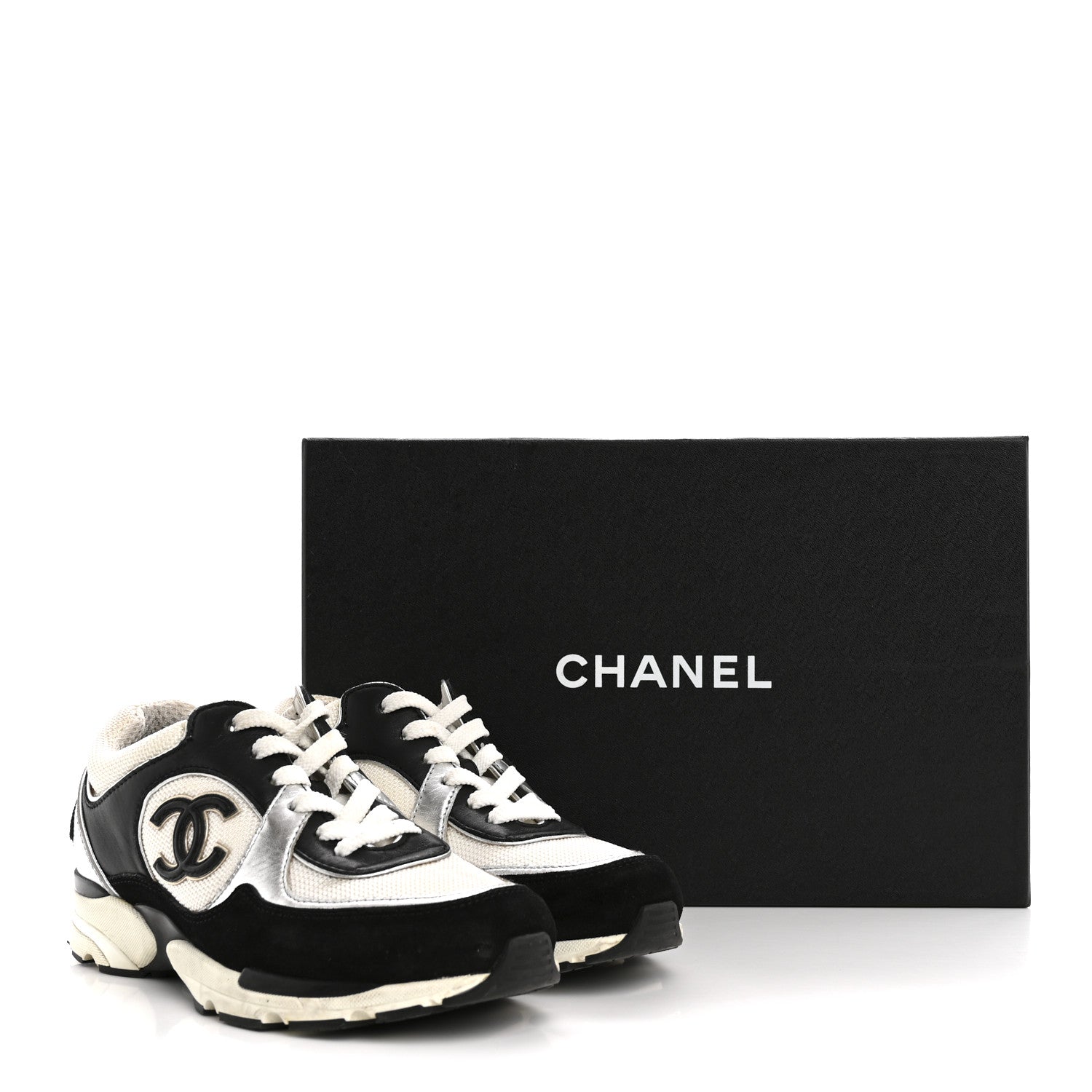 Chanel Mesh Suede Calfskin Grained Calfskin Womens CC Sneakers 35 Black White Silver 12 of 12