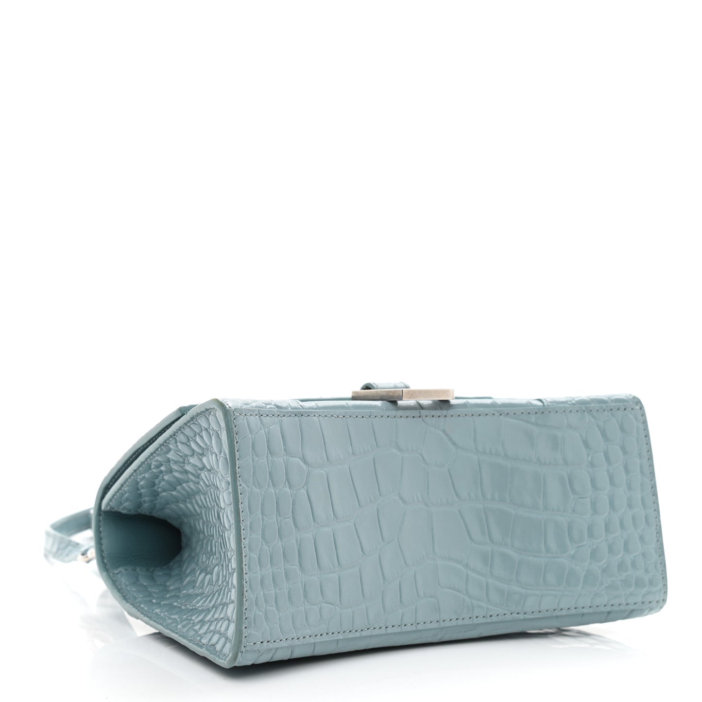 Shiny Calfskin Crocodile Embossed Small Hourglass Top Handle Bag Blue Grey