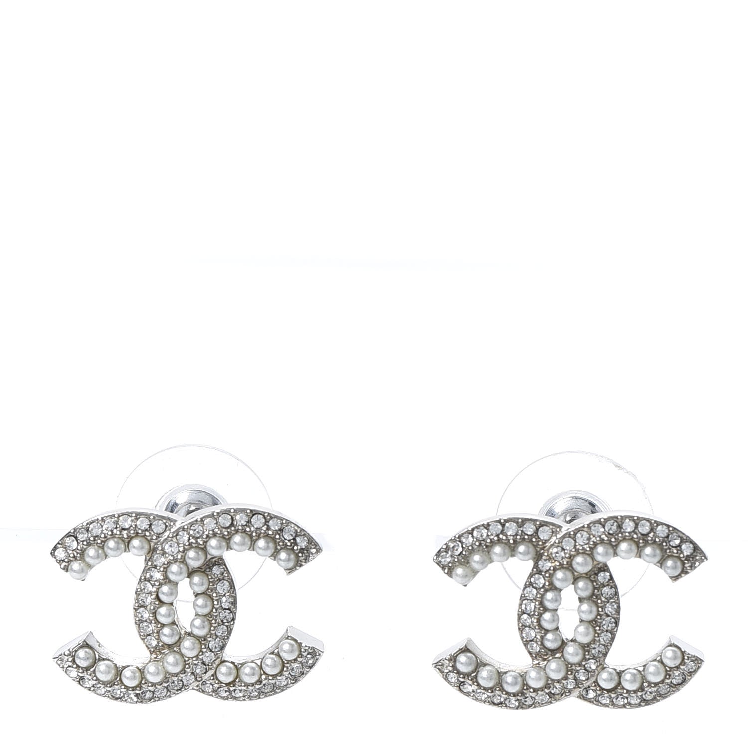 Chanel Pearl Crystal CC Snow Palace Earrings Silver 1 of 5