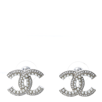 Chanel Pearl Crystal CC Snow Palace Earrings Silver 1 of 5