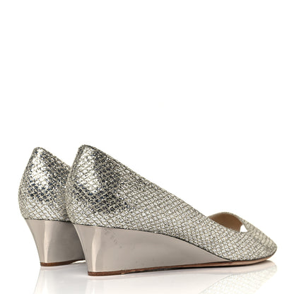 Jimmy Choo Glitter Fabric Baxen Peep Toe Wedges 41 Silver Gold 4 of 8