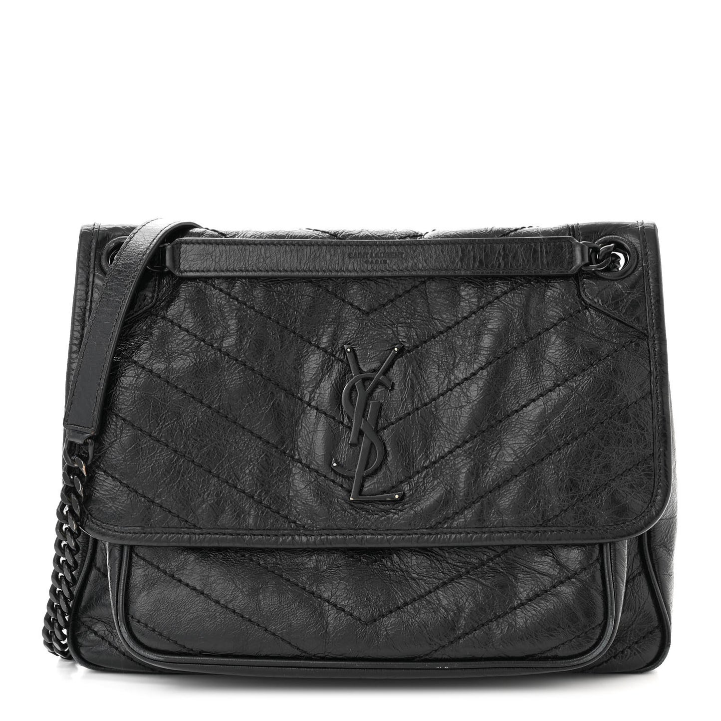 Crinkled Calfskin Matelasse Monogram Medium Niki Chain Satchel Black
