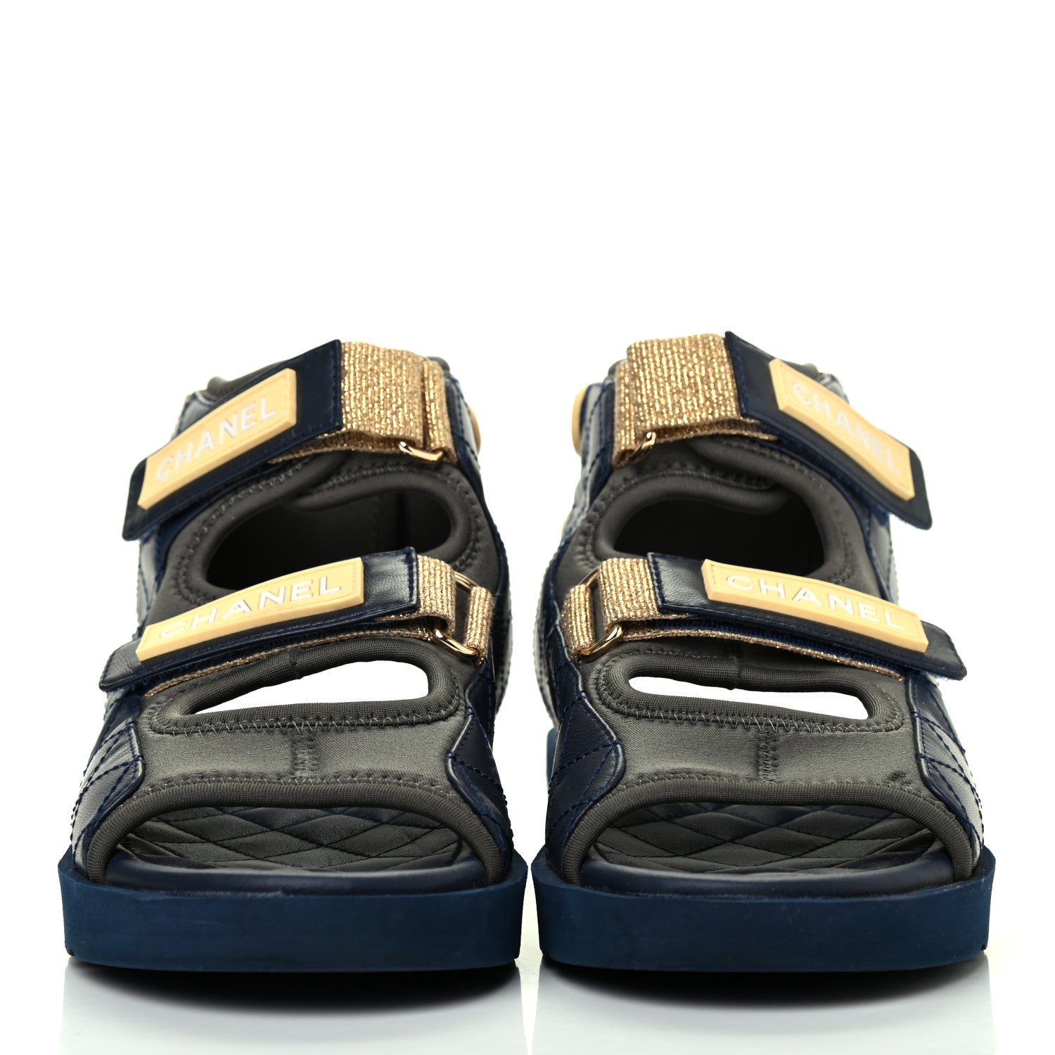 Chanel Goatskin Fabric Gladiator Sandals 36 Navy Blue Light Grey Yellow 2 of 11