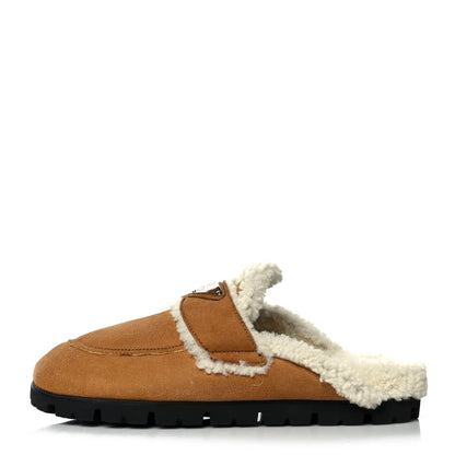 Prada Shearling Metal Triangle Logo 20mm Slippers 39.5 Cognac 1 of 7