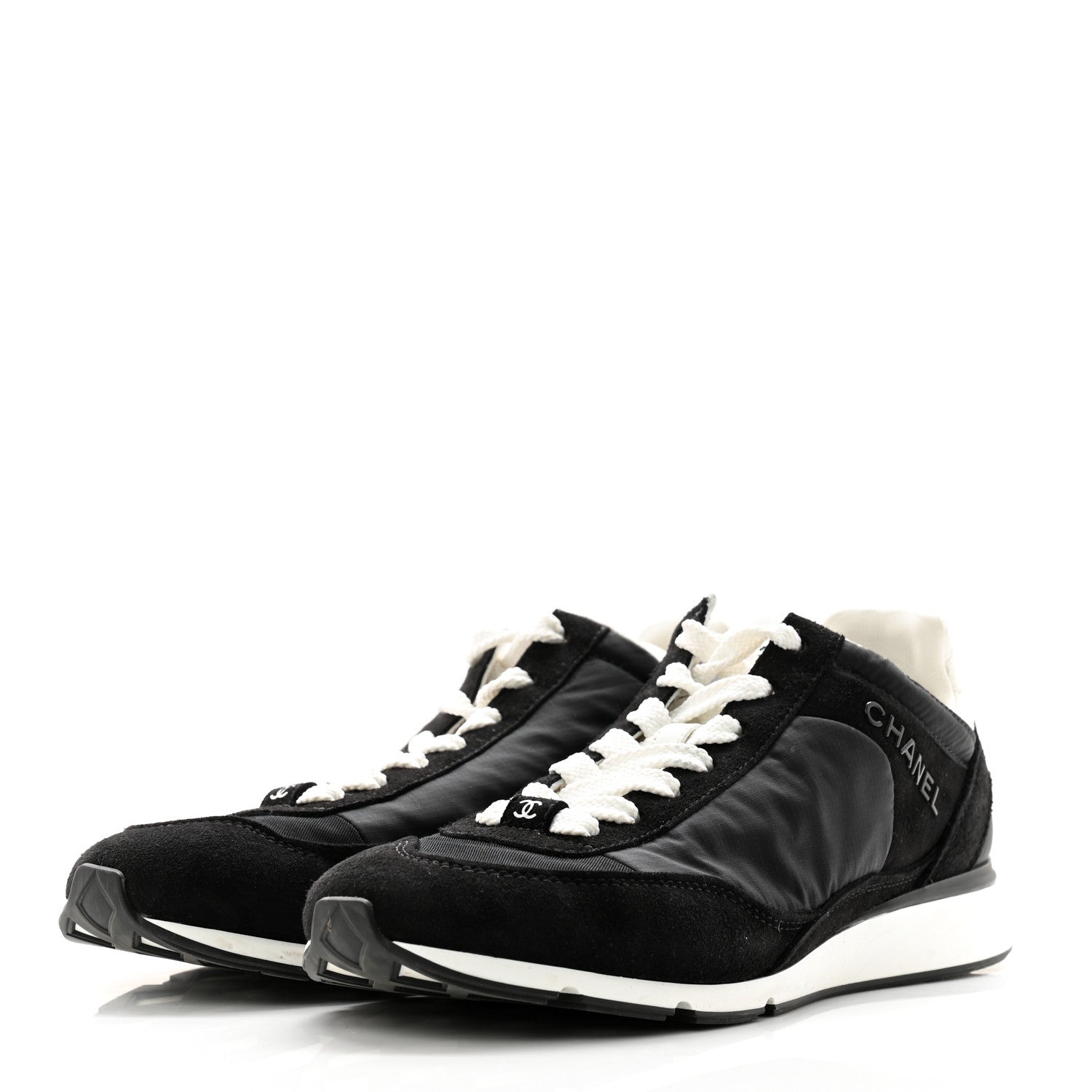 Chanel Nylon Suede Kidskin Calfskin Logo Sneakers 37 Black White 3 of 11