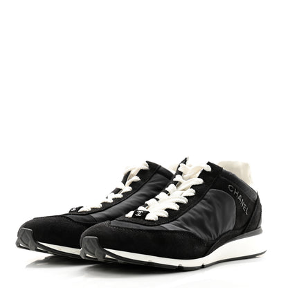 Chanel Nylon Suede Kidskin Calfskin Logo Sneakers 37 Black White 3 of 11